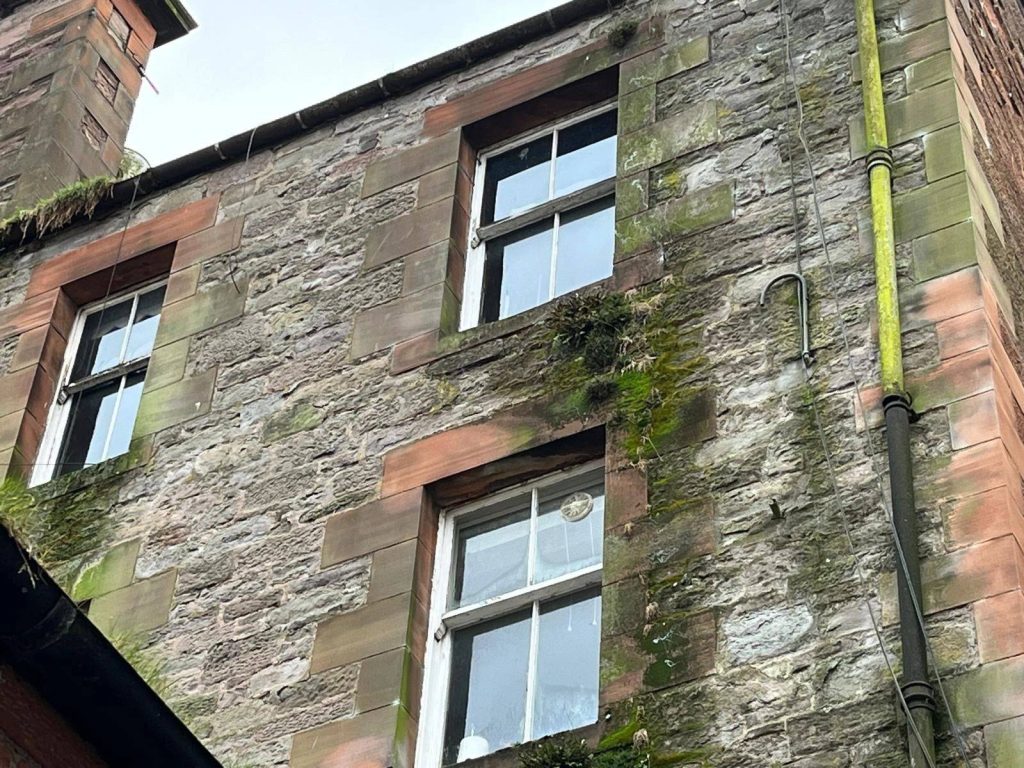 Weathered stone wall in Perth showing signs of penetrating damp