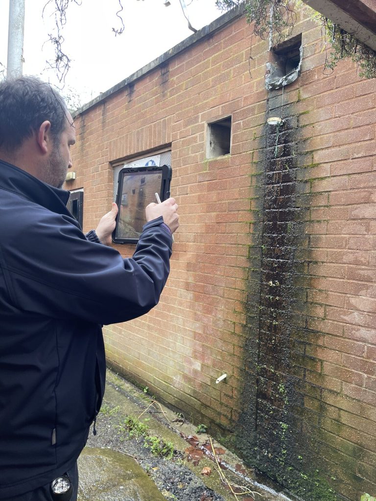 Timberwise surveyor inspecting damp brickwork in Bridgwater
