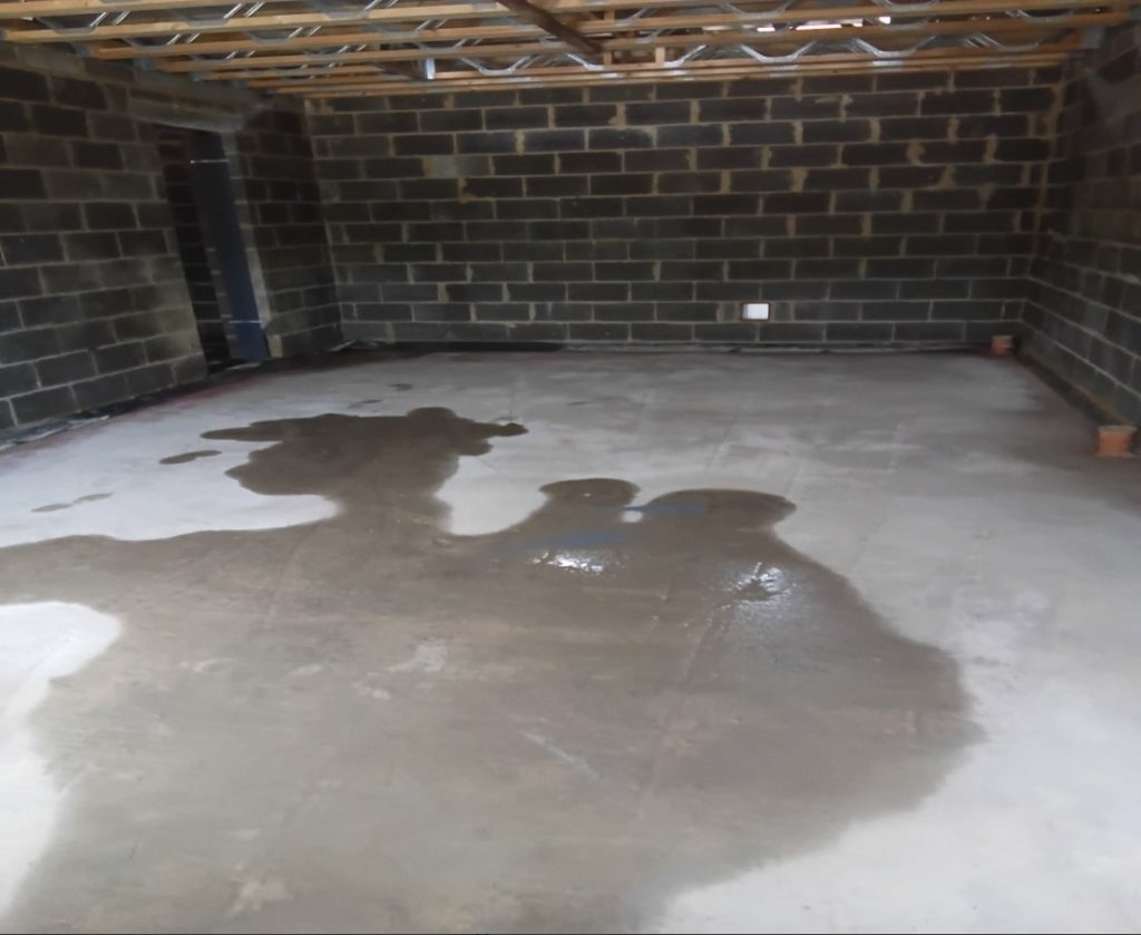 Photo evidence of water ingress on the basement floor of the property.