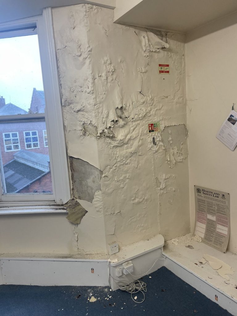 The Seven Signs of Rising Damp in London Homes 6 Damp wall in York with damaged plaster visible.